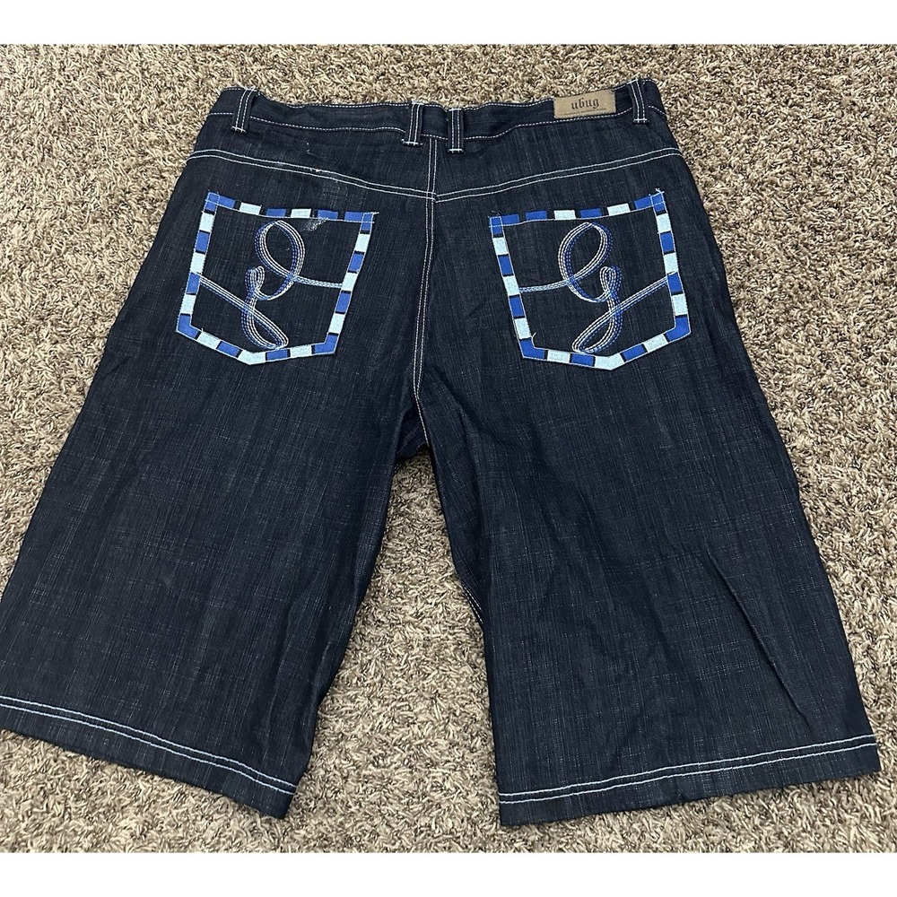 Vintage Y2K Ubug Baggy Streetwear Shorts Embroidered Blue Jorts Men's 42x14.5